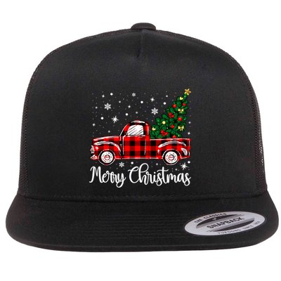 Red Buffalo Plaid Pickup Truck With Tree Merry Christmas Meaningful Gift Flat Bill Trucker Hat