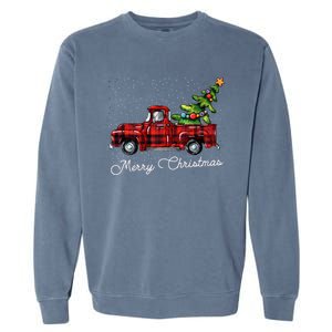 Red Buffalo Plaid Pickup Truck With Tree Merry Christmas Cute Gift Garment-Dyed Sweatshirt