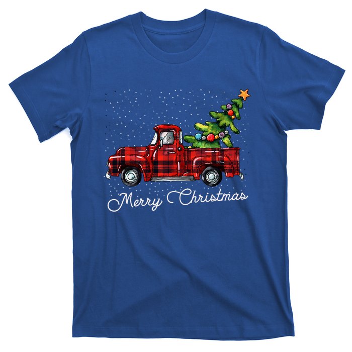 Red Buffalo Plaid Pickup Truck With Tree Merry Christmas Cute Gift T-Shirt