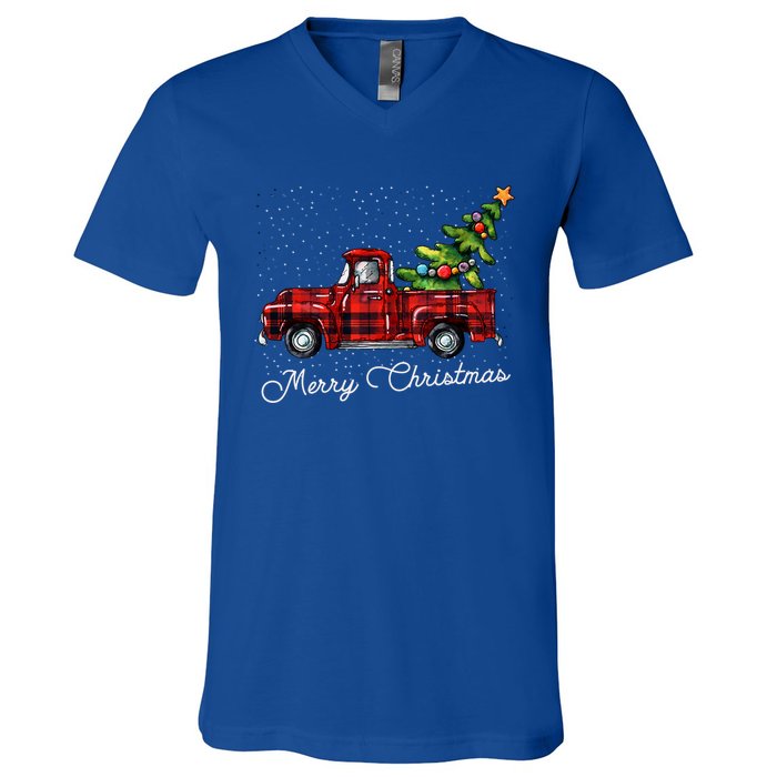 Red Buffalo Plaid Pickup Truck With Tree Merry Christmas Cute Gift V-Neck T-Shirt