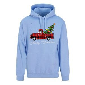 Red Buffalo Plaid Pickup Truck With Tree Merry Christmas Cute Gift Unisex Surf Hoodie