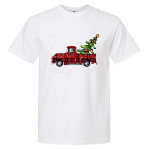 Red Buffalo Plaid Pickup Truck With Tree Merry Christmas Cute Gift Garment-Dyed Heavyweight T-Shirt