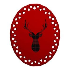 Rustic Buffalo Plaid Red Christmas Reindeer Folksy Xmas Gift Funny Gift Ceramic Oval Ornament