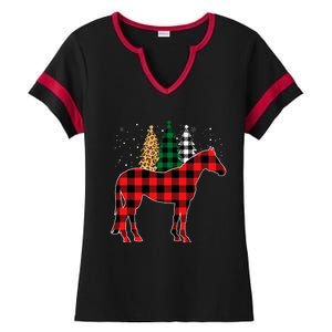 Red Buffalo Plaid Horse Tree Leopard Print Christmas Pajamas Ladies Halftime Notch Neck Tee