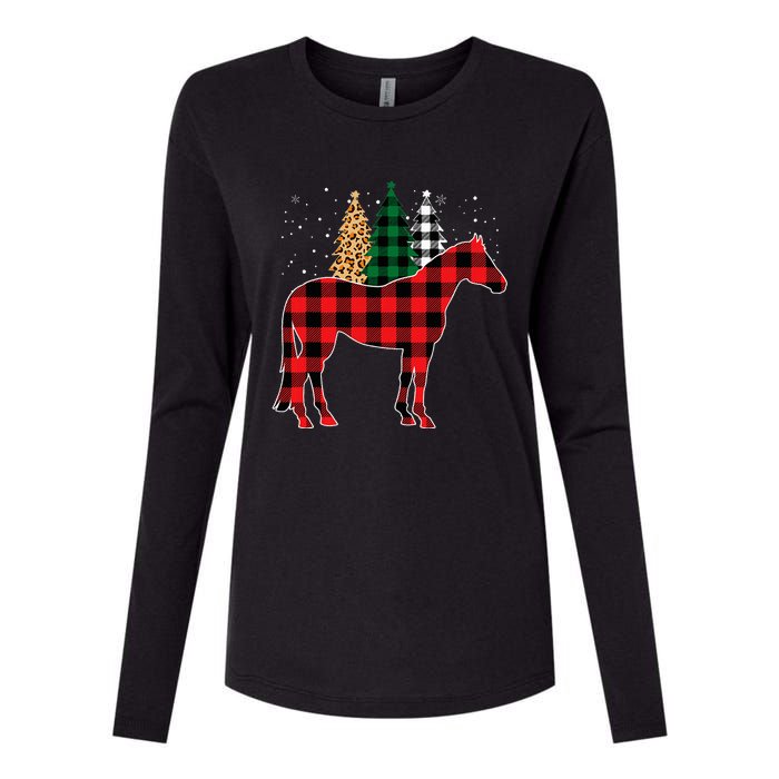 Red Buffalo Plaid Horse Tree Leopard Print Christmas Pajamas Womens Cotton Relaxed Long Sleeve T-Shirt