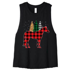 Red Buffalo Plaid Horse Tree Leopard Print Christmas Pajamas Women's Racerback Cropped Tank