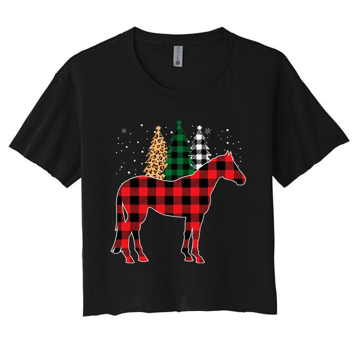 Red Buffalo Plaid Horse Tree Leopard Print Christmas Pajamas Women's Crop Top Tee