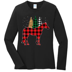 Red Buffalo Plaid Horse Tree Leopard Print Christmas Pajamas Ladies Long Sleeve Shirt