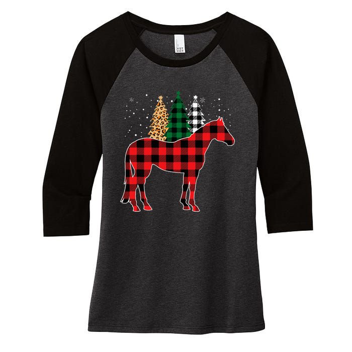 Red Buffalo Plaid Horse Tree Leopard Print Christmas Pajamas Women's Tri-Blend 3/4-Sleeve Raglan Shirt