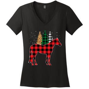 Red Buffalo Plaid Horse Tree Leopard Print Christmas Pajamas Women's V-Neck T-Shirt