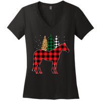 Red Buffalo Plaid Horse Tree Leopard Print Christmas Pajamas Women's V-Neck T-Shirt