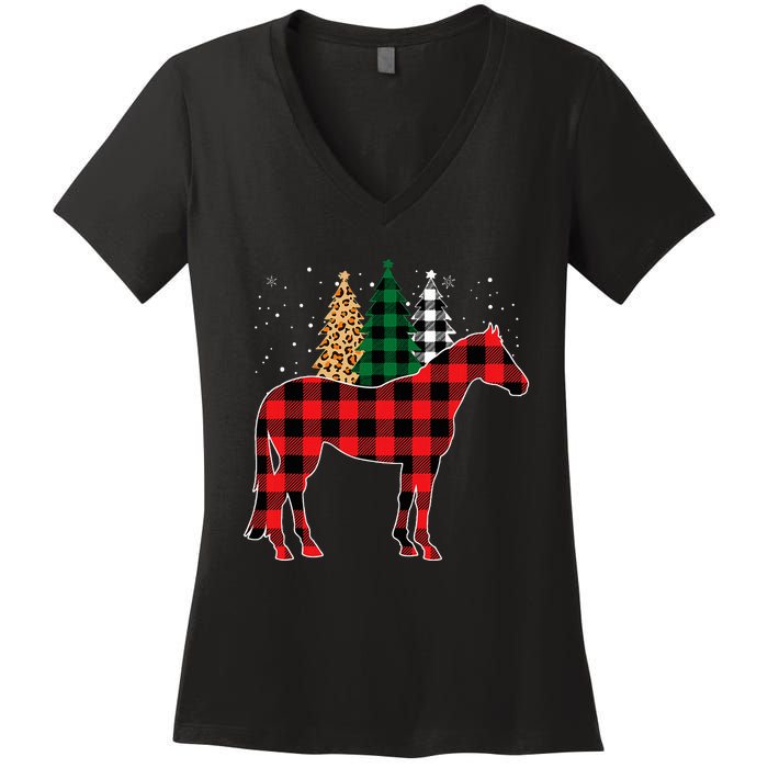 Red Buffalo Plaid Horse Tree Leopard Print Christmas Pajamas Women's V-Neck T-Shirt