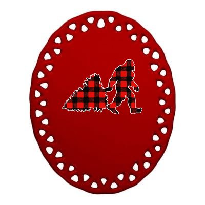 Red Buffalo Plaid Pajama Bigfoot Christmas Ceramic Oval Ornament