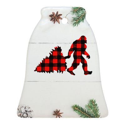 Red Buffalo Plaid Pajama Bigfoot Christmas Ceramic Bell Ornament