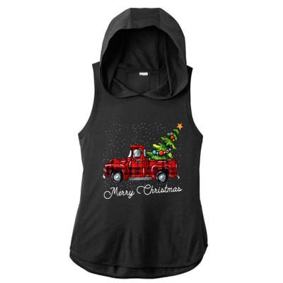 Red Buffalo Plaid Pickup Truck With Tree Merry Christmas Ladies PosiCharge Tri-Blend Wicking Draft Hoodie Tank