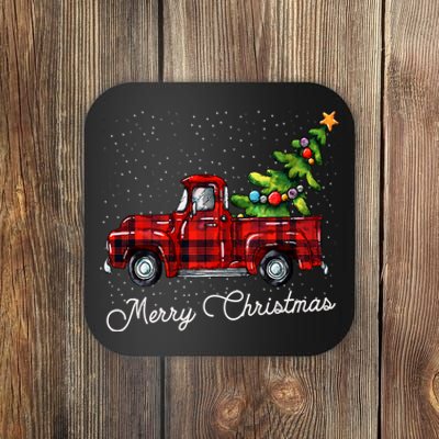 Red Buffalo Plaid Pickup Truck With Tree Merry Christmas Coaster