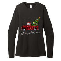 Red Buffalo Plaid Pickup Truck With Tree Merry Christmas Womens CVC Long Sleeve Shirt