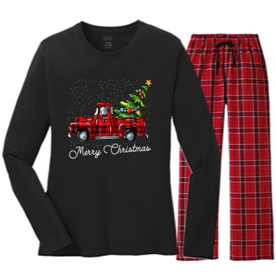 Red Buffalo Plaid Pickup Truck With Tree Merry Christmas Women's Long Sleeve Flannel Pajama Set 