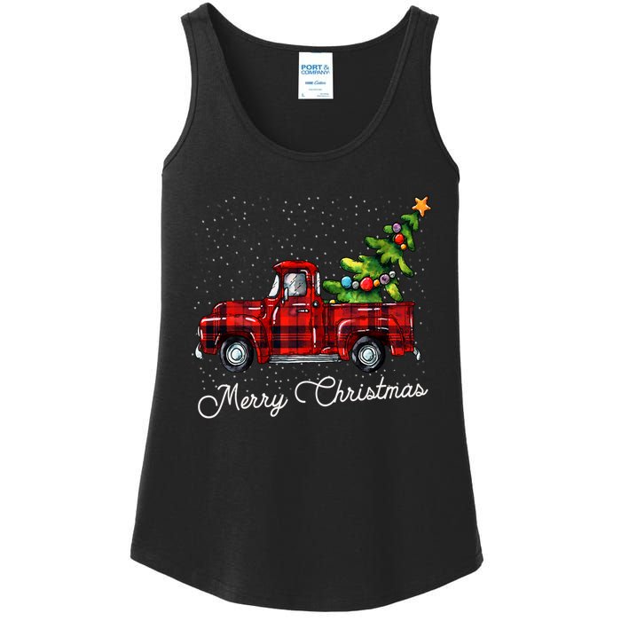 Red Buffalo Plaid Pickup Truck With Tree Merry Christmas Ladies Essential Tank