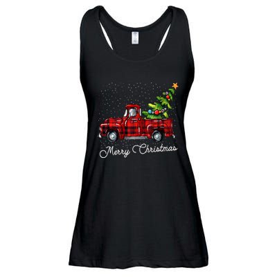 Red Buffalo Plaid Pickup Truck With Tree Merry Christmas Ladies Essential Flowy Tank