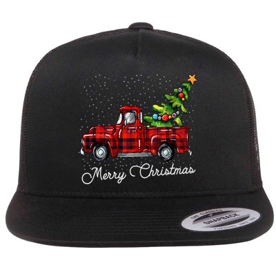 Red Buffalo Plaid Pickup Truck With Tree Merry Christmas Flat Bill Trucker Hat