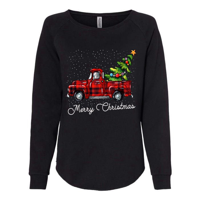 Red Buffalo Plaid Pickup Truck With Tree Merry Christmas Womens California Wash Sweatshirt