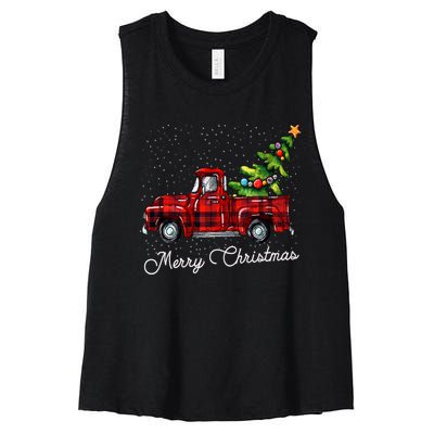 Red Buffalo Plaid Pickup Truck With Tree Merry Christmas Women's Racerback Cropped Tank