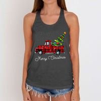 Red Buffalo Plaid Pickup Truck With Tree Merry Christmas Women's Knotted Racerback Tank