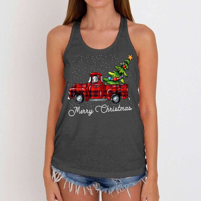 Red Buffalo Plaid Pickup Truck With Tree Merry Christmas Women's Knotted Racerback Tank