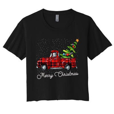 Red Buffalo Plaid Pickup Truck With Tree Merry Christmas Women's Crop Top Tee