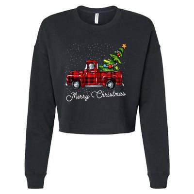 Red Buffalo Plaid Pickup Truck With Tree Merry Christmas Cropped Pullover Crew