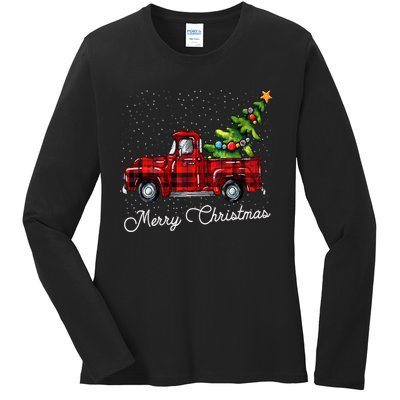 Red Buffalo Plaid Pickup Truck With Tree Merry Christmas Ladies Long Sleeve Shirt