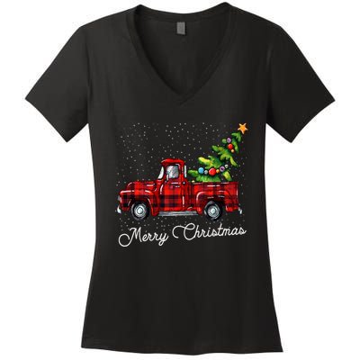 Red Buffalo Plaid Pickup Truck With Tree Merry Christmas Women's V-Neck T-Shirt