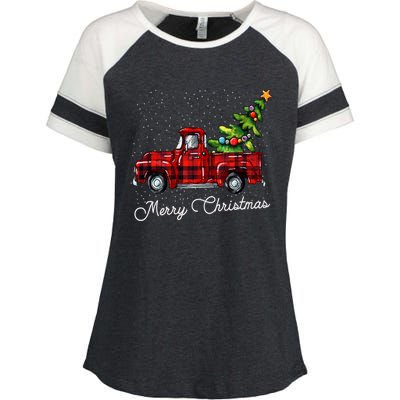 Red Buffalo Plaid Pickup Truck With Tree Merry Christmas Enza Ladies Jersey Colorblock Tee