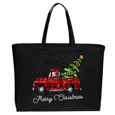 Red Buffalo Plaid Pickup Truck With Tree Merry Christmas Cotton Canvas Jumbo Tote