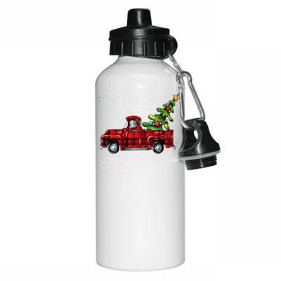 Red Buffalo Plaid Pickup Truck With Tree Merry Christmas Aluminum Water Bottle 