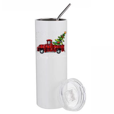 Red Buffalo Plaid Pickup Truck With Tree Merry Christmas Stainless Steel Tumbler