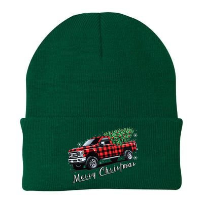 Red Buffalo Plaid Pickup Truck With Tree Merry Christmas Knit Cap Winter Beanie