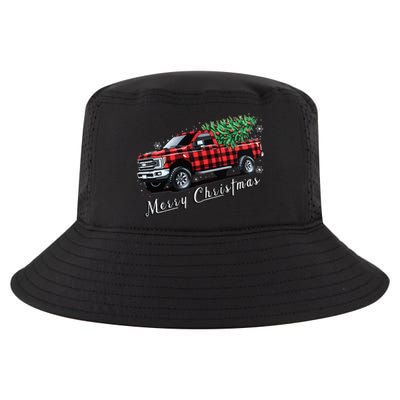 Red Buffalo Plaid Pickup Truck With Tree Merry Christmas Cool Comfort Performance Bucket Hat