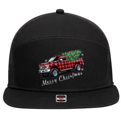 Red Buffalo Plaid Pickup Truck With Tree Merry Christmas 7 Panel Mesh Trucker Snapback Hat