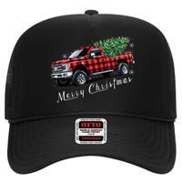 Red Buffalo Plaid Pickup Truck With Tree Merry Christmas High Crown Mesh Back Trucker Hat