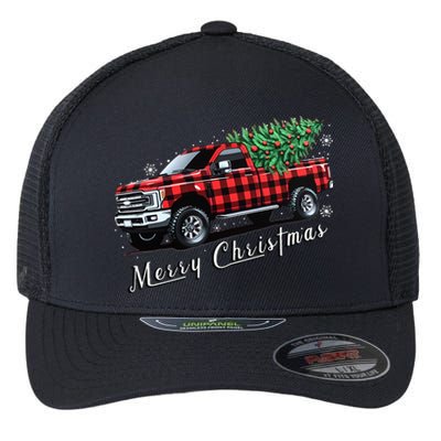 Red Buffalo Plaid Pickup Truck With Tree Merry Christmas Flexfit Unipanel Trucker Cap