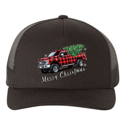 Red Buffalo Plaid Pickup Truck With Tree Merry Christmas Yupoong Adult 5-Panel Trucker Hat