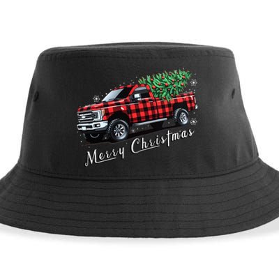 Red Buffalo Plaid Pickup Truck With Tree Merry Christmas Sustainable Bucket Hat