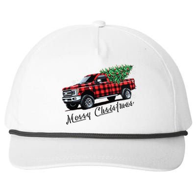 Red Buffalo Plaid Pickup Truck With Tree Merry Christmas Snapback Five-Panel Rope Hat