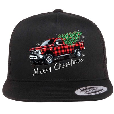 Red Buffalo Plaid Pickup Truck With Tree Merry Christmas Flat Bill Trucker Hat