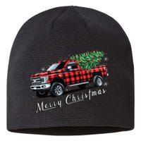 Red Buffalo Plaid Pickup Truck With Tree Merry Christmas Sustainable Beanie