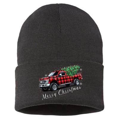 Red Buffalo Plaid Pickup Truck With Tree Merry Christmas Sustainable Knit Beanie