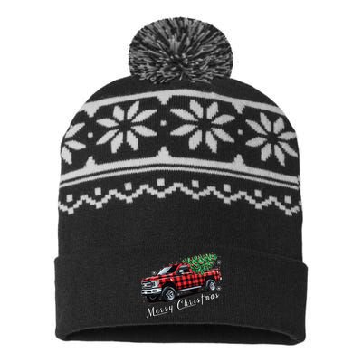 Red Buffalo Plaid Pickup Truck With Tree Merry Christmas USA-Made Snowflake Beanie