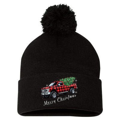 Red Buffalo Plaid Pickup Truck With Tree Merry Christmas Pom Pom 12in Knit Beanie